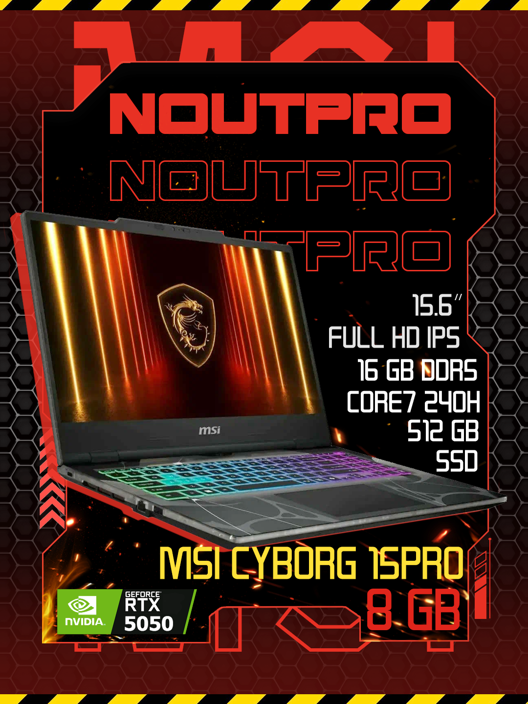 Ноутбук MSI CYBORG 15PRO INTEL CORE7 240Н DDR5 8 GB/512 SSDRTX 5050 8GB 15.6 FHD IPS 144Hz