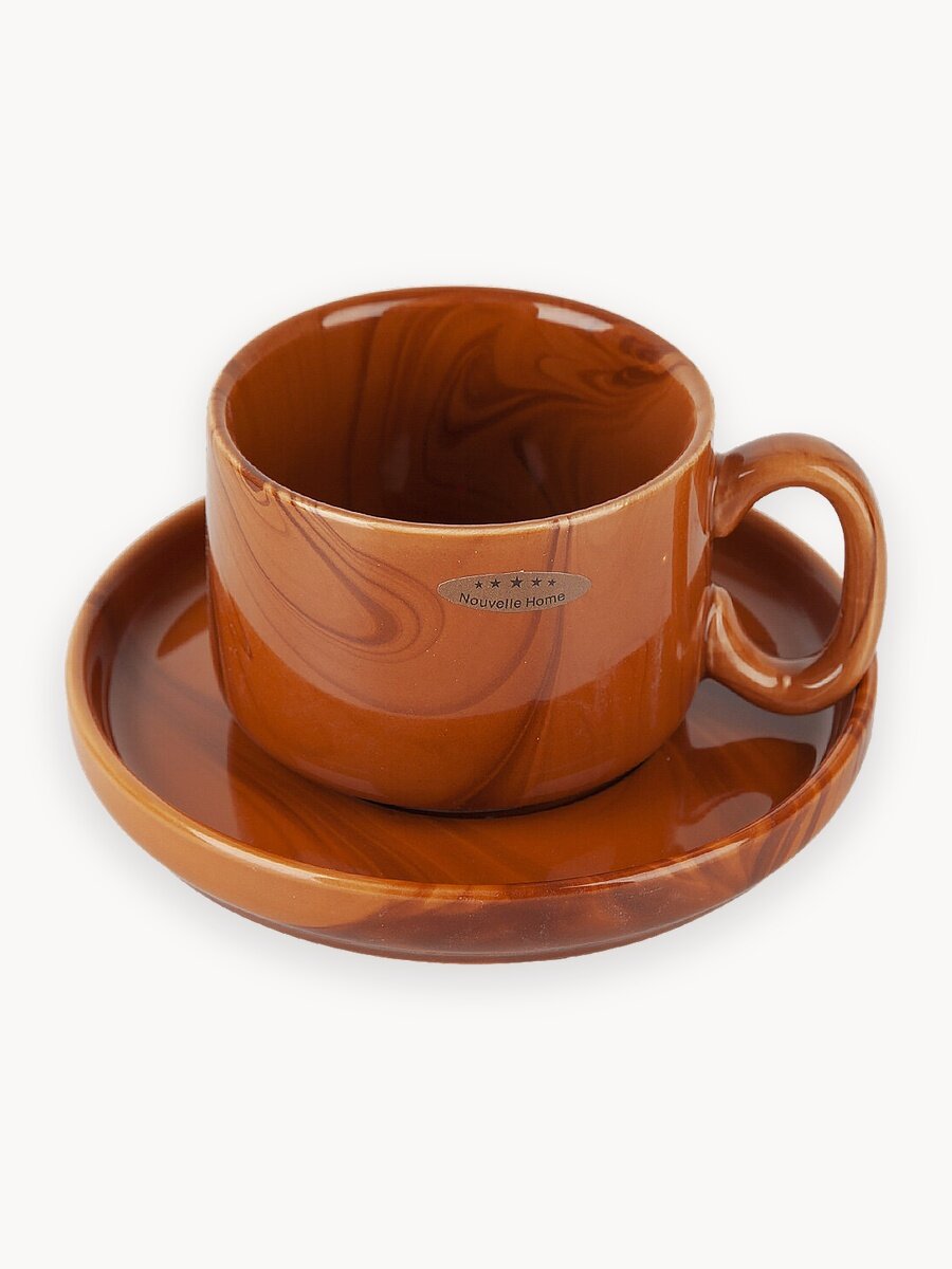 Чашка с блюдцем фарфоровые "Wooden Grain", 200 мл, коричневая, для СВЧ и ППМ, Nouvelle