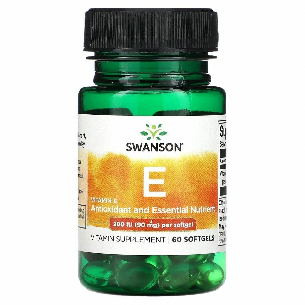 Swanson Vitamin E Витамин Е 200МЕ 60 капсул Антиоксидант для сердца и сосудов для иммунитета и здоровья кожи