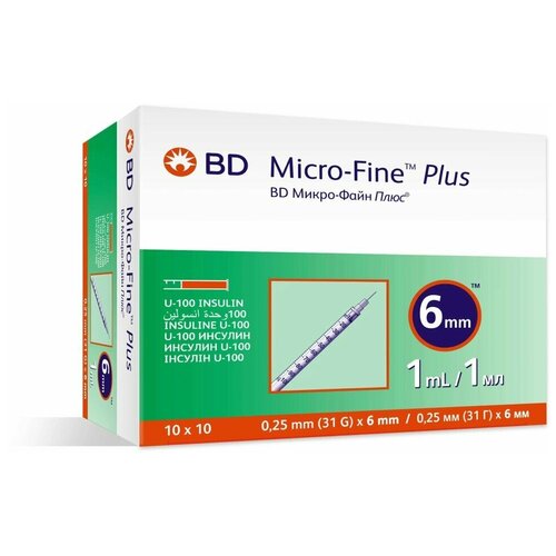 Инсулиновый шприц 1 мл с интегрированной иглой U100 BD Micro-Fine Plus 31G 0,25 x 6 мм, Becton Dickinson, 100 штук