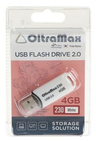 Флешка OltraMaх 230, 4 Гб, USB2.0, чт до 15 Мб/с, зап до 8 Мб/с, белая