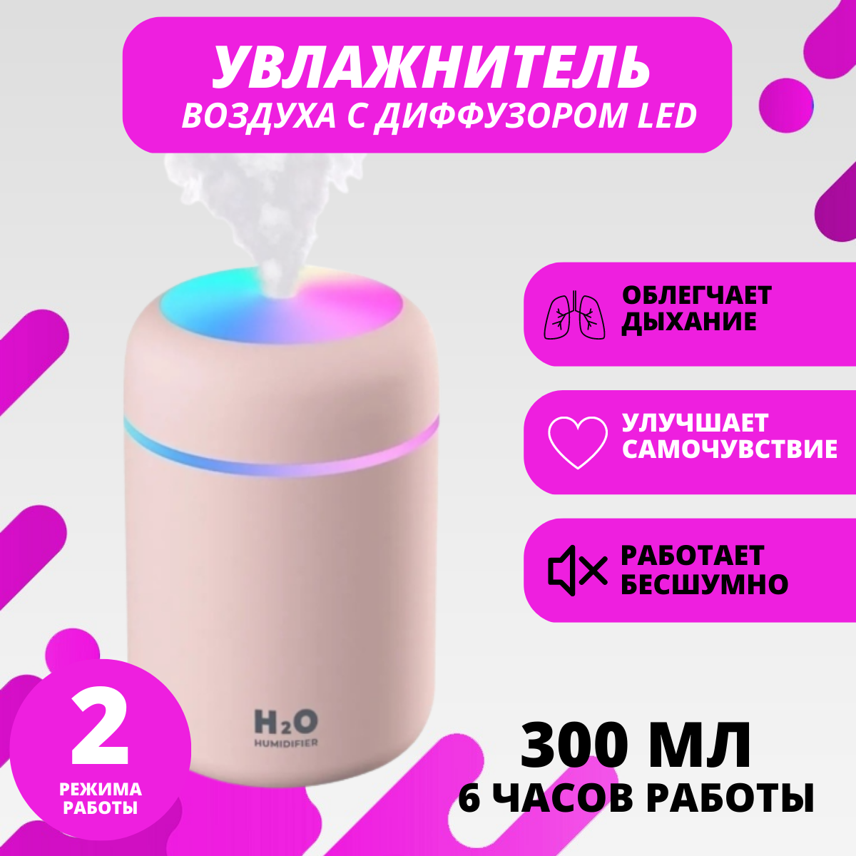 Мини-увлажнитель воздуха С подсветкой HUMIDIFIER H2O DQ PINK