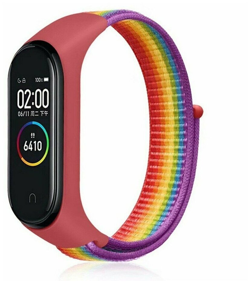 Ремешок нейлоновый для Xiaomi Mi Band 3/4/5/6/7 (21), ярко-радужный, на липучке