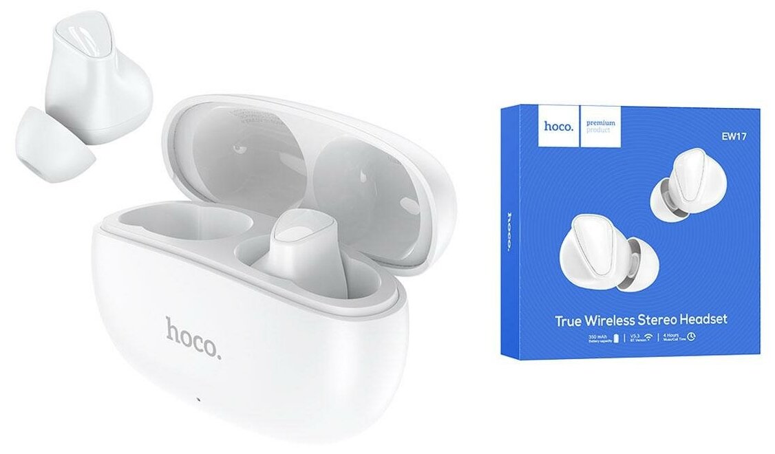 HOCO EW17 Беспроводные Bluetooth-наушники с кейсом, 350mAh, 4ч работы, белые