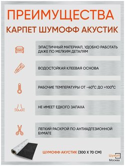 Стоит ли покупать Шумоизоляция Карпет самоклеющийся автомобильный Шумофф Акустик графит 70 см х 3 п. м.? Отзывы на Яндекс Маркете