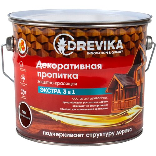 Декоративная пропитка для дерева Drevika Экстра 3 в 1, полуматовая, 3 л, тик