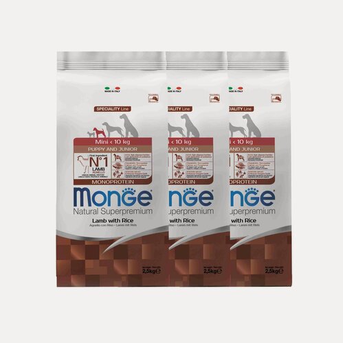 Изображение товара Monge Dog Monoprotein Mini корм для щенков мелких пород с ягненком и рисом 2,5 кг х 3 шт.
