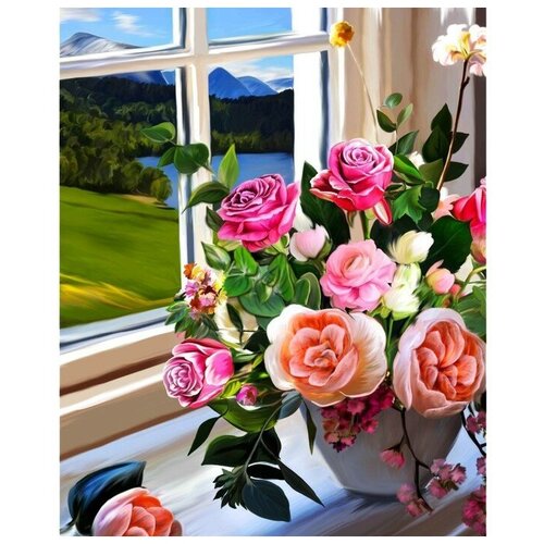 фото Уценка алмазная вышивка с полным заполнением «букет роз на окне», 50 × 60 см, на раме школа талантов