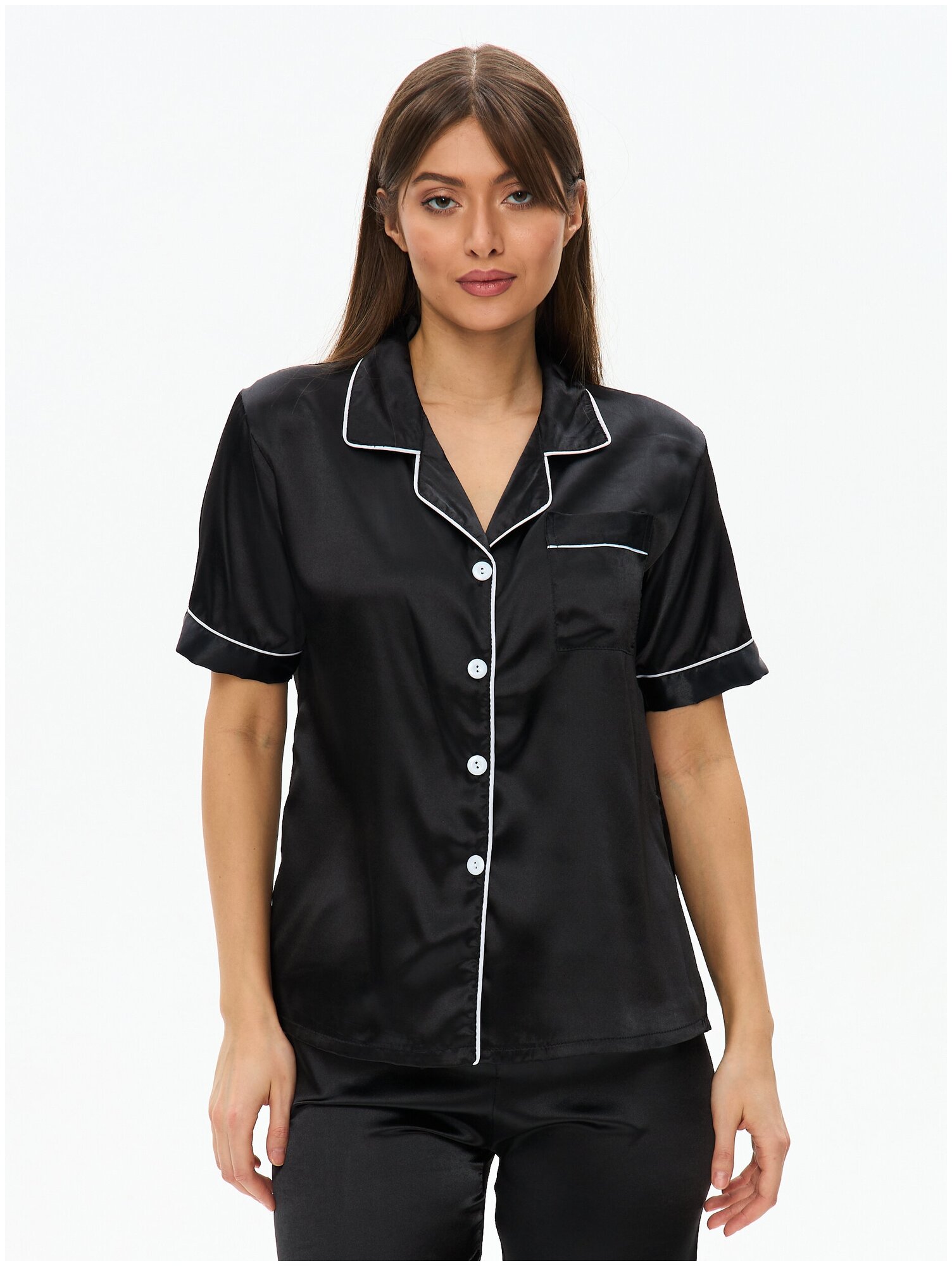 Пижама женская с брюками и рубашкой для сна, шелковая , атласная , домашняя одежда черная 44/ L размер - фотография № 8