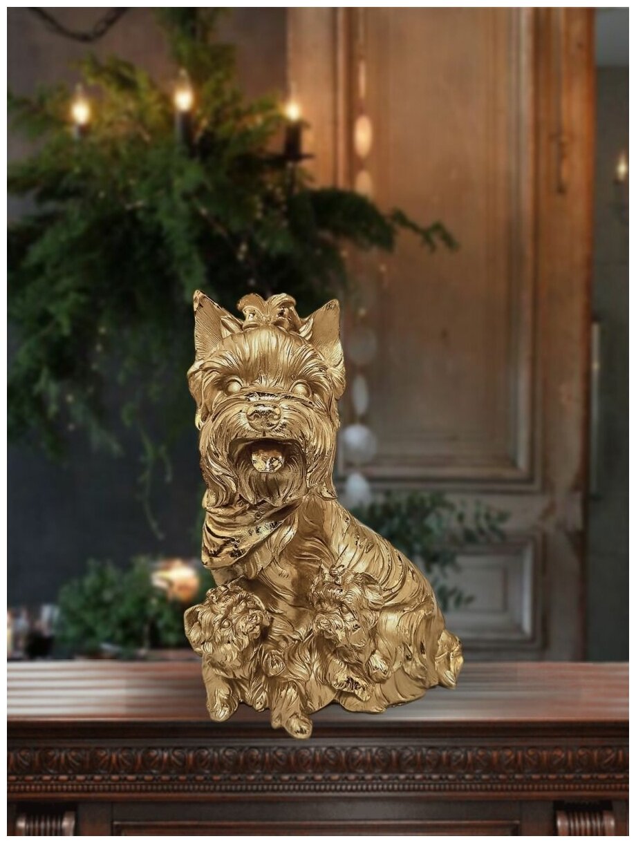 Статуэтка Собака Йорк с щенками, высота 30 см. Полистоун. Цвет бронзовый.