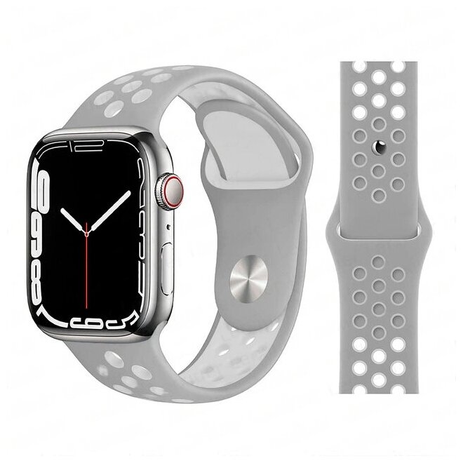 Ремешок силиконовый перфорированный Sport NK для Apple Watch 42/44/45/49 мм, на кнопке, серый+белый (4)