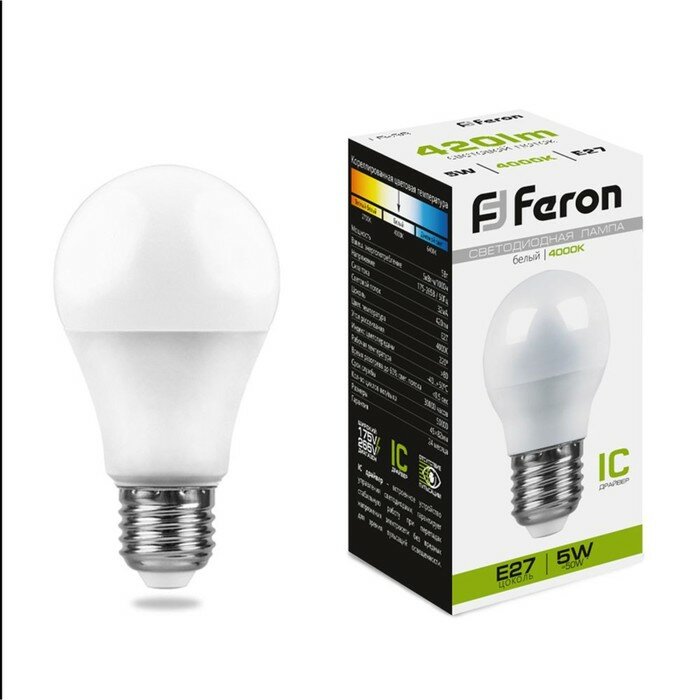 FERON Лампа светодиодная FERON LB-38, G45, E27, 5 Вт, 230 В, 4000 К, 420 Лм, 200°, 82 х 45 мм