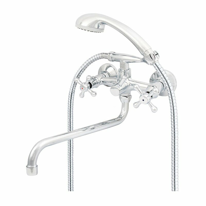 фото Микс ЭНД фикс 7401-04 Смеситель для ванны Соффрон двуручный с S-изливом 350мм и аксессуарами