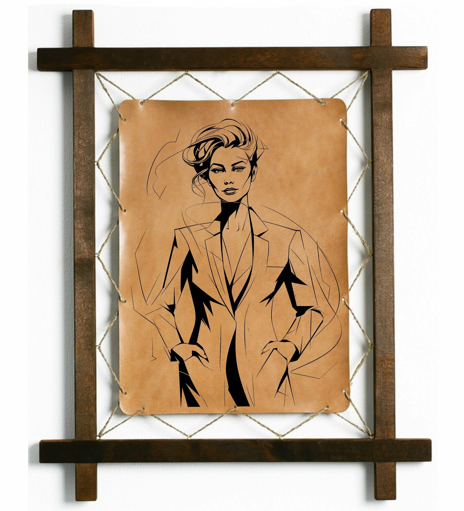Картина Деловая женщина, гравировка на натуральной коже, интерьерная для украшения и декора на стену в деревянной раме, подарок, BoomGift
