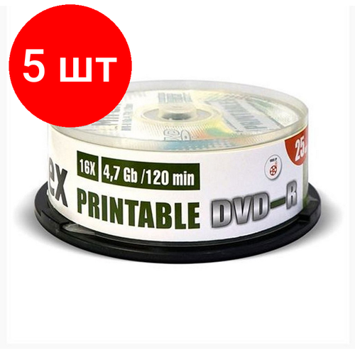 носители информации dvd r printable 16x mirex bulk 100 ul130029a1t Комплект 5 упаковок, Носители информации DVD-R Printable, 16x, Mirex, Cake/25, UL130028A1M
