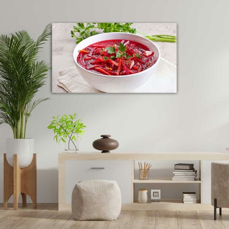 Картина на холсте 60x110 Альянс Лес "Зелень суп тарелка борщ овощи" на подрамнике / интерьер/ декор
