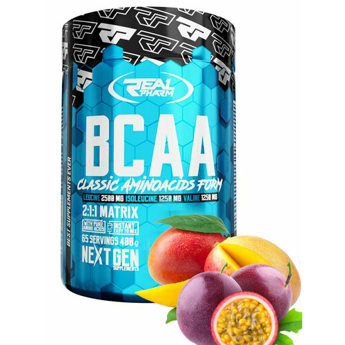 Аминокислоты Real Pharm, BCAA Instant, 400г (Манго-маракуйя) / Спорт питание БЦАА / Для мужчин и женщин, похудения и набора мышечной массы