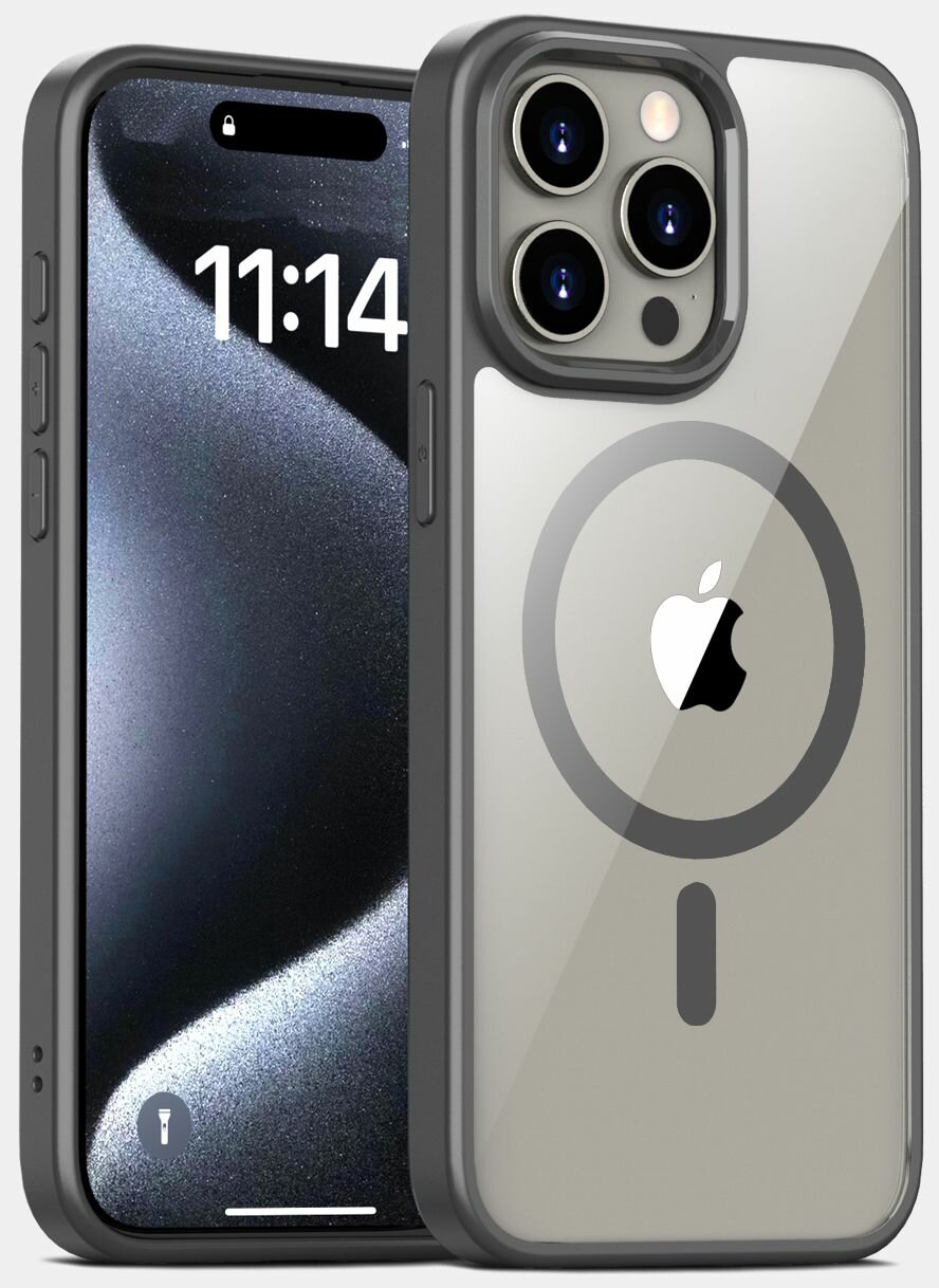 Чехол на IPhone 15 Pro MAX (MagSafe) / Айфон 15 Про Макс прозрачный с силиконовым кантом Crystal MagSafe Case (Серый)