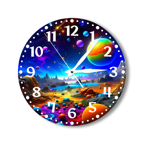 Деревянные настенные часы, диаметр 28см/ Большие кварцевые бесшумные интерьерные часы с принтом/ часы-картина на стену/, космос 2