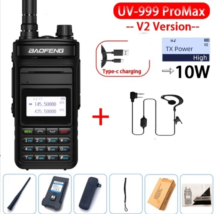 Рация Baofeng UV-999 ProMax 10 Вт, гарнитура в комплекте, цвет черный