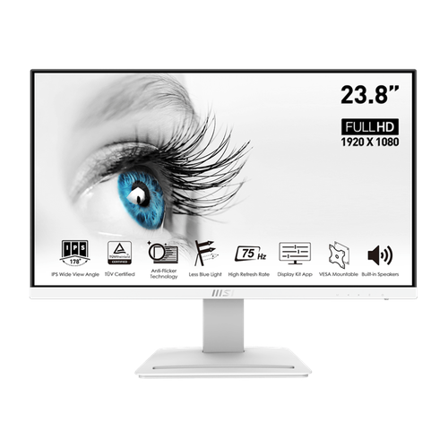 MSI Монитор LCD 23.8' [16:9] 1920х1080(FHD) IPS, nonGLARE, 75 Hz, 250 cd/m2, H178°/V178°, 1000:1, 100M:1, 16.7M, HDMI, DP, Tilt, Speakers, 1Y, White