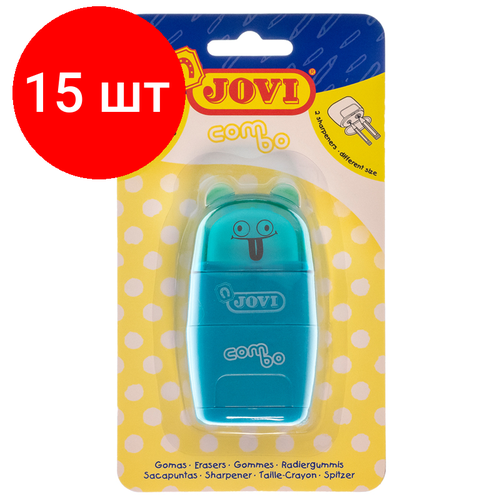 Комплект 15 шт Точилка пластиковая с ластиком JOVI Combo 2 отверстия контейнер ассорти блистер 1904₽