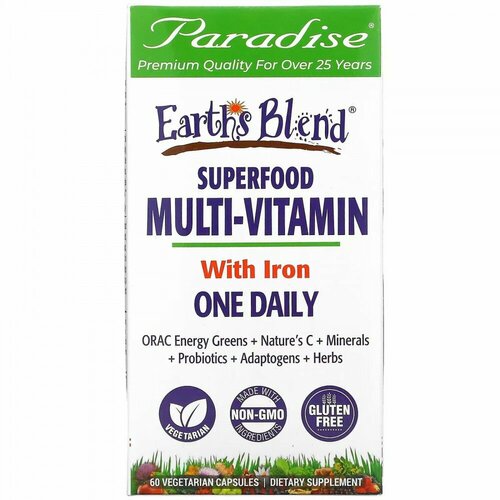 Paradise Herbs, Earth&#x27; s Blend, One Daily Superfood Multi-Vitamin with Iron, 60 Vegetarian Capsules