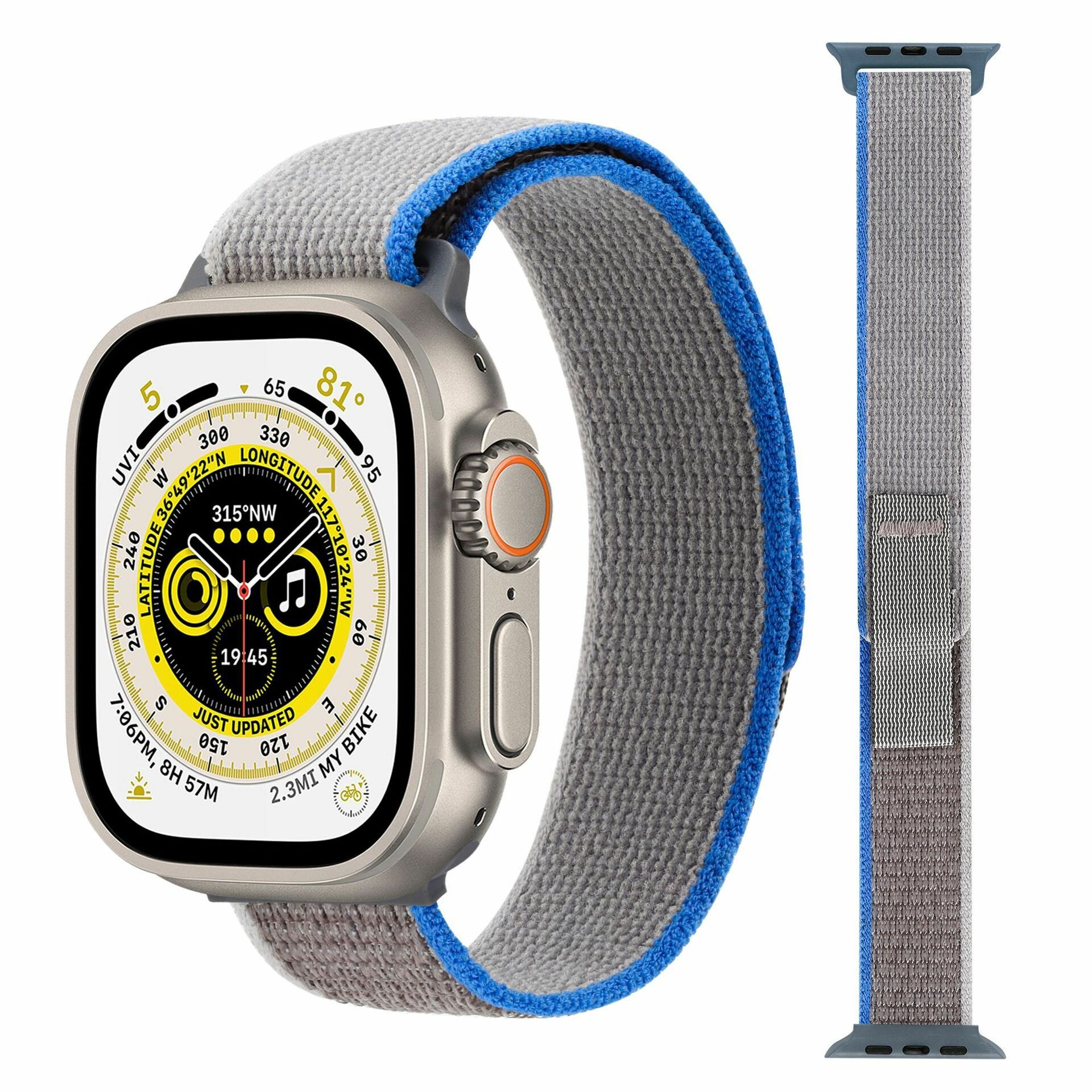 фото Ремешок нейлоновый Trail Loop для смарт-часов Apple Watch Series 1-9 и Ultra 42/44/45/49 мм, X9 Pro2 / X9+ Ultra2 / X8 Pro+, 09 синий с серым