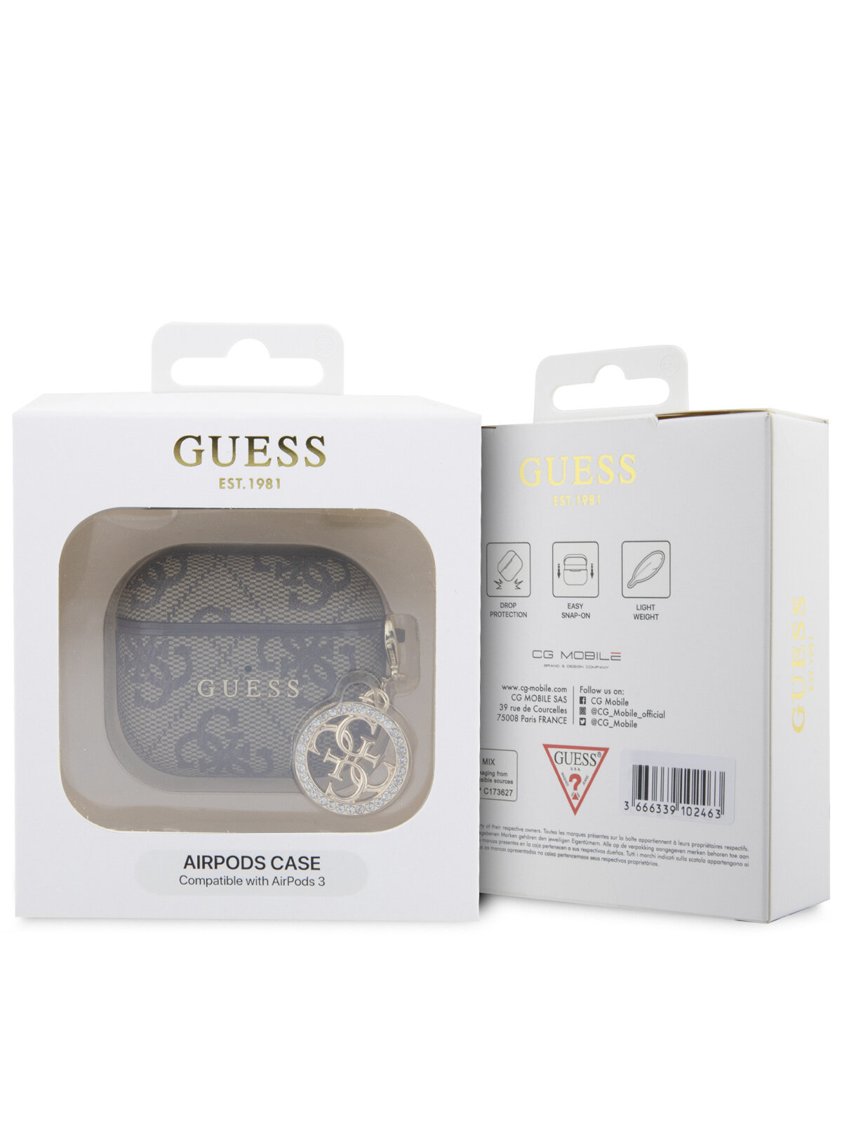 Guess для Airpods 3 чехол PU leather 4G with metal logo and Diamond charm Brown