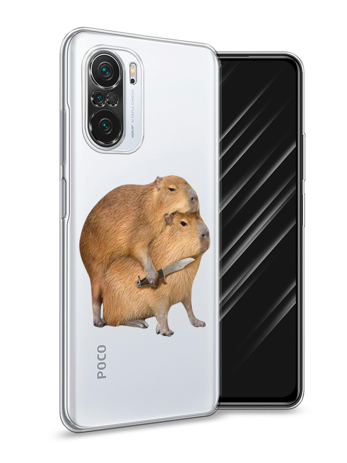 Силиконовый чехол на Xiaomi Poco F3/Redmi K40/Mi 11i / Поко F3/Редми K40/Ми 11i "Капибара с ножом", прозрачный