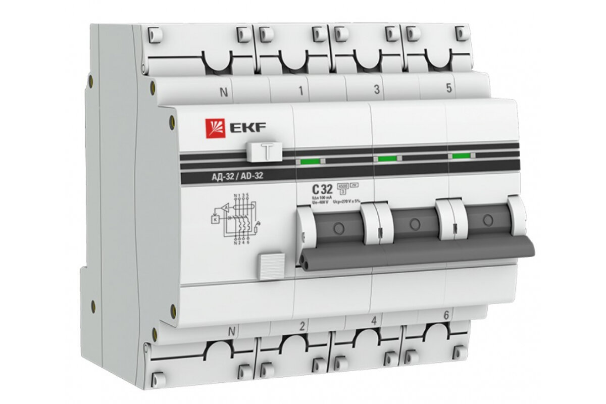 EKF Дифференциальный автомат АД-32 3P+N 32А/100мА 45кА PROxima SQDA32-32-100-4P-pro