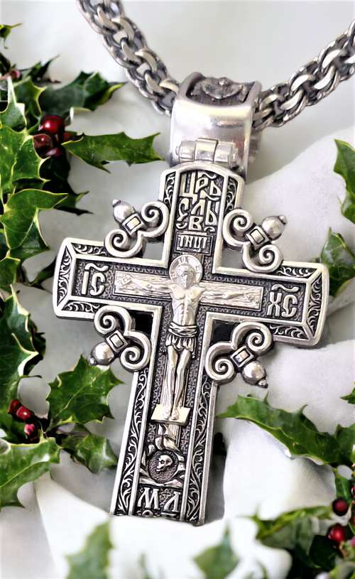 Крестик Серебряный православный крест с большим ушком, серебро, 925 проба, чернение, размер 8 см.