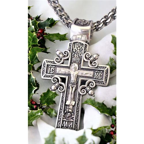 Крестик Серебряный православный крест с большим ушком, серебро, 925 проба, чернение, размер 8 см.