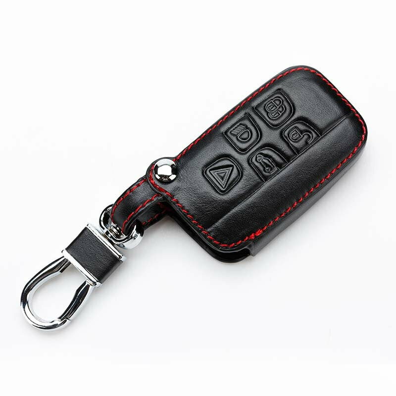 Кожаный чехол для смарт-ключа Jaguar XF XJ XK 5 кнопок (Черный Classic красная нить)