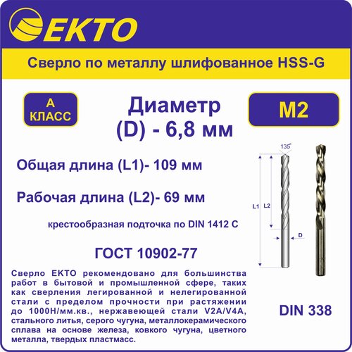 Сверло по металлу шлифованное HSS-G M2 DIN 338 6,8 мм цилиндрический хвостовик EKTO