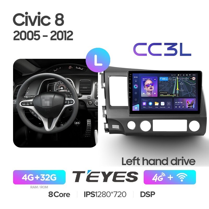 Магнитола Honda Civic 8 FK FN FD 2005-2012 Teyes CC3L 4/32Гб ANDROID 8-ми ядерный процессор IPS экран DSP 4G модем голосовое управление