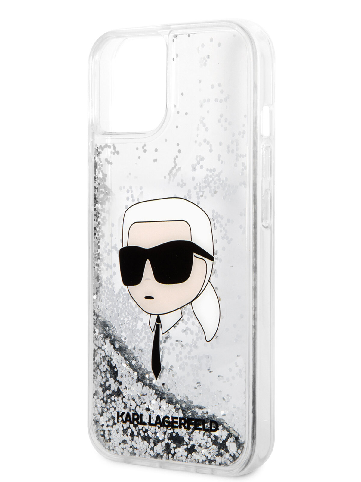 Lagerfeld для iPhone 15 чехол Liquid Glitter NFT Karl head Hard Silver