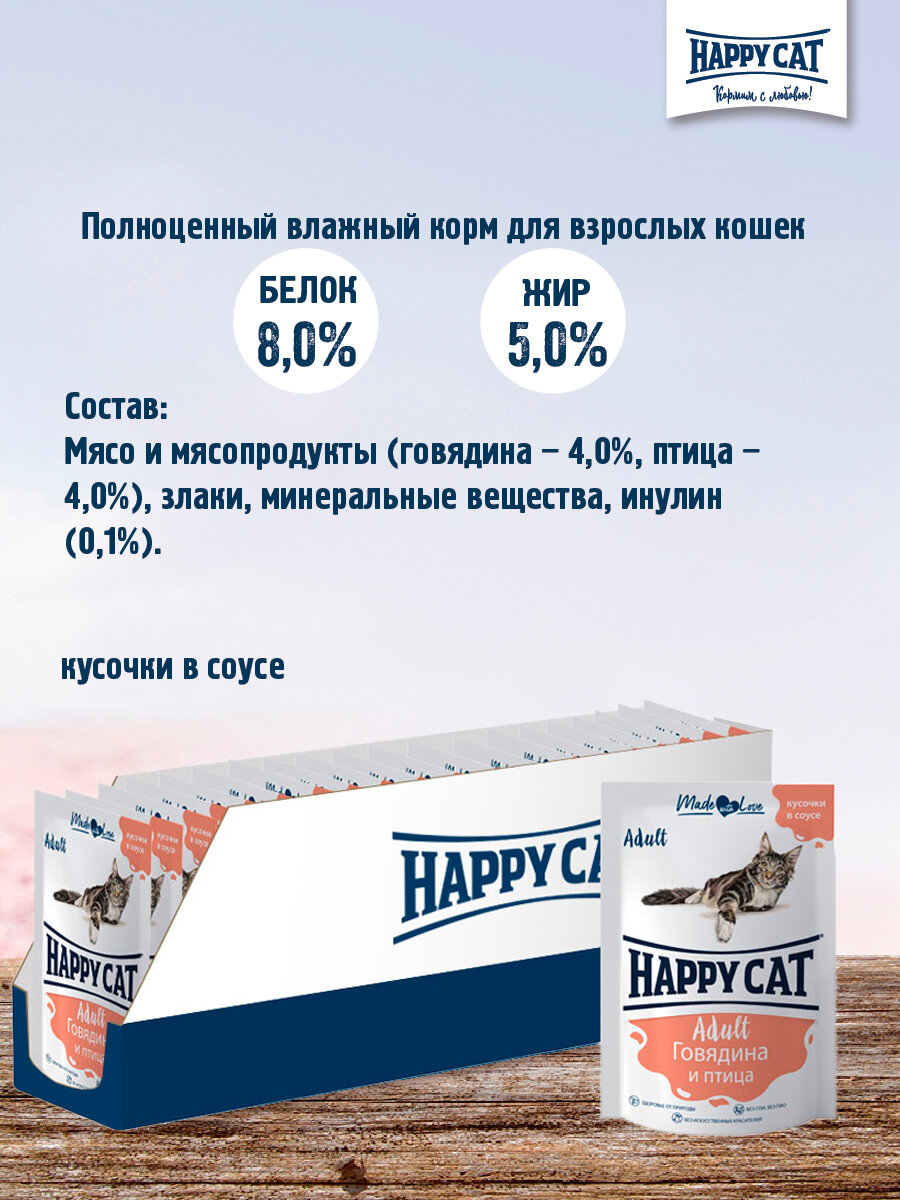 Корм влажный для кошек Happy Cat говядина с птицей в соусе пауч 85х24 - фотография № 2