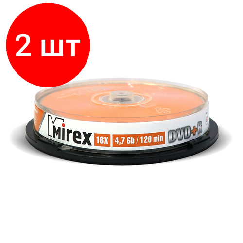 Комплект 2 упаковок, Носители информации DVD+R, 16x, Mirex, Cake/10, UL130013A1L