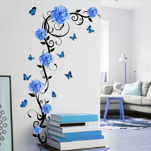 Интерьерная наклейка "Синие розы и бабочки" для стен, дверей, размеры 91*77 см.