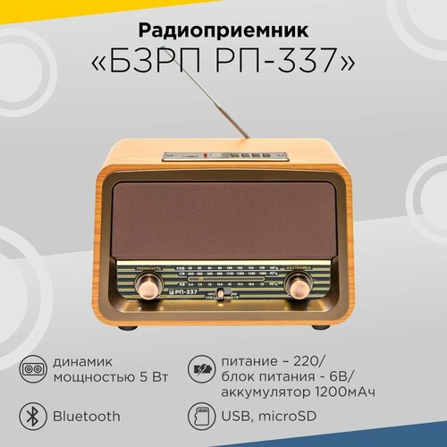 Ретро радиоприемник от сети и аккумулятора БЗРП РП-337 / fm радио / блютуз колонка золотистый, коричневый