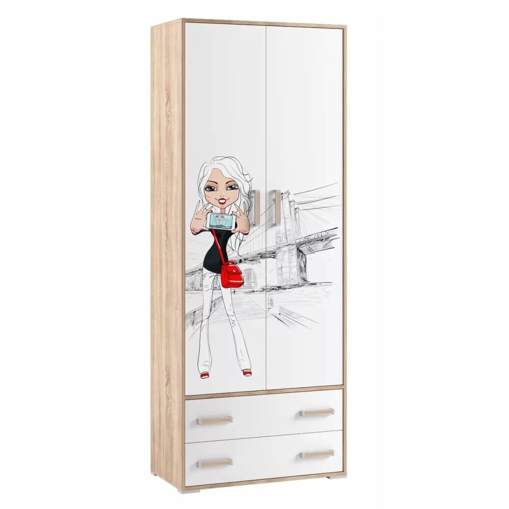 фото Шкаф двустворчатый распашной "Бланка" Дуб сонома ЛДСП с фотопечатью, с полками , штангой, ящиками для спальни, детской, гостиной, 850х2200х450 тэкс
