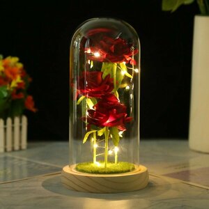 Красные розы в стеклянной колбе с газоном и светодиодной подсветкой (3шт) ночник, светильник в подарочной коробке.