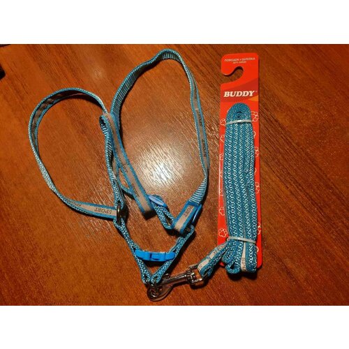 Поводок + шлейка Buddy нейлон для собак светоотражающий 10 мм*122 см/30-40 см голубой Sport