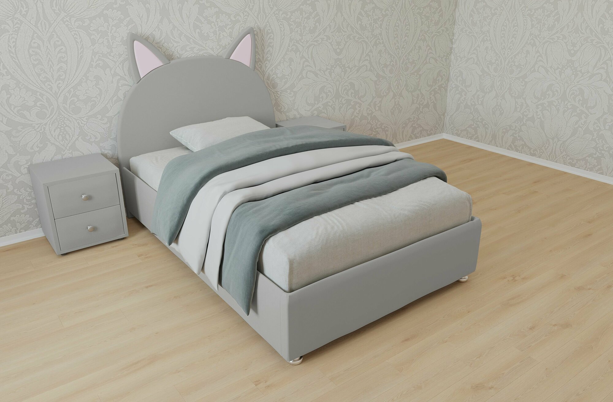 Односпальная кровать Китти 120x200 основание металлическое с ламелями велюр серый ножки 5 см