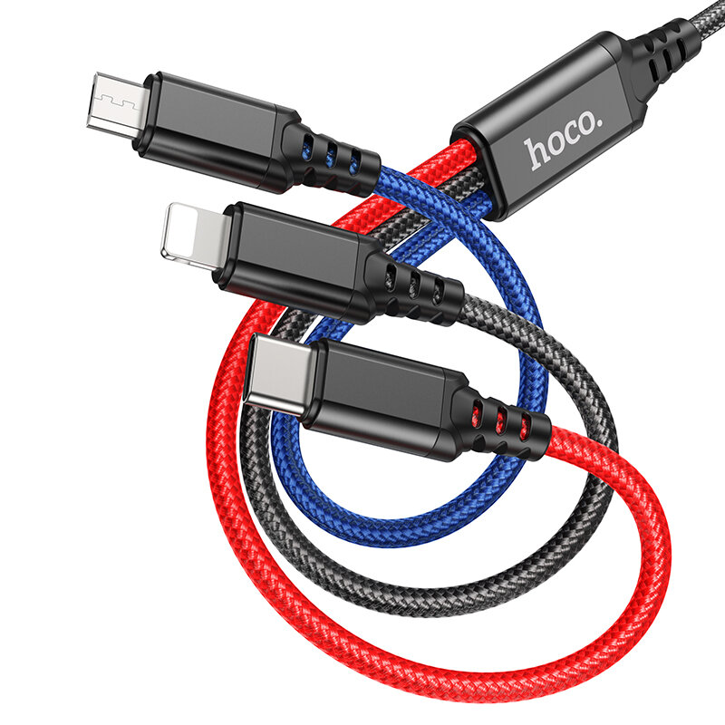 USB дата кабель Lightning+Micro+Type-C, X76, HOCO, черный, красный, синий
