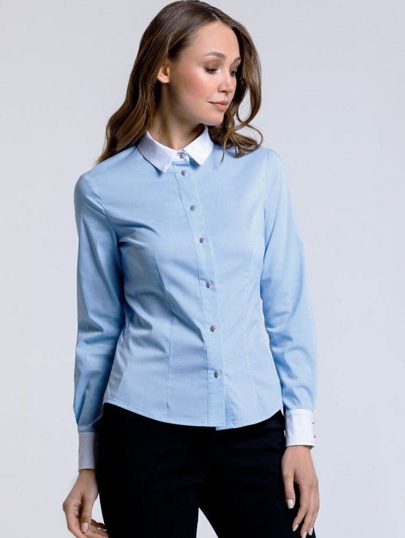 Блуза Голубая женская рубашка на пуговицах, длинный рукав, офисная, приталенная
