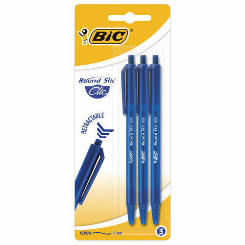 Ручки шариковые автоматические BIC Round Stic Clic, набор 3 шт, синие, линия письма 0,32 мм, блистер, 926374 упаковка 5 шт.