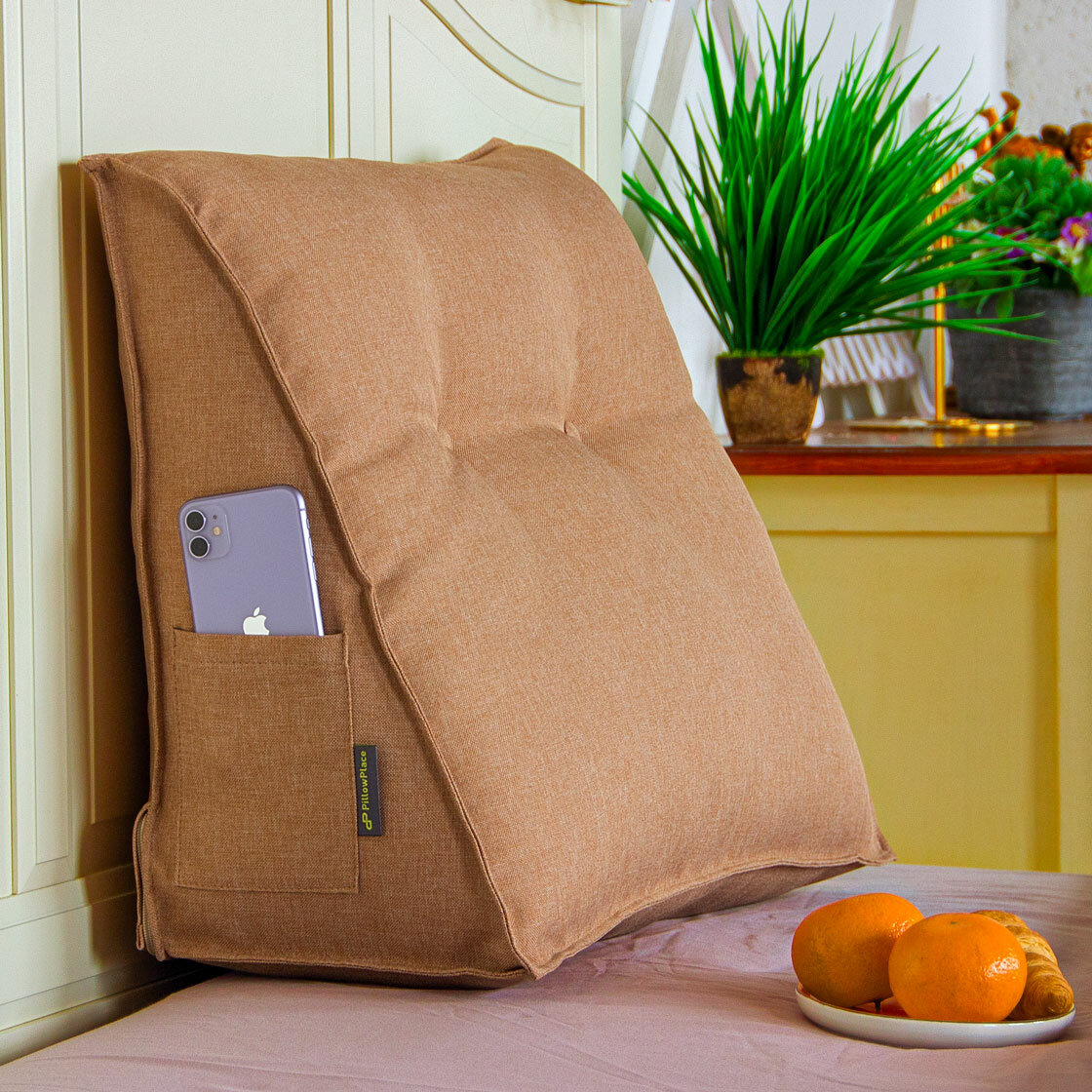 Клиновидная анатомическая треугольная подушка PillowPlace под спину для чтения на спинку кровати дивана Рогожка клин Бежевый 60х20х45 см