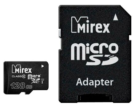 Карта памяти MicroSD 128Gb Mirex SDXC Class 10 UHS-I U1 104MB/s + SD adapter (13613-AD10S128)